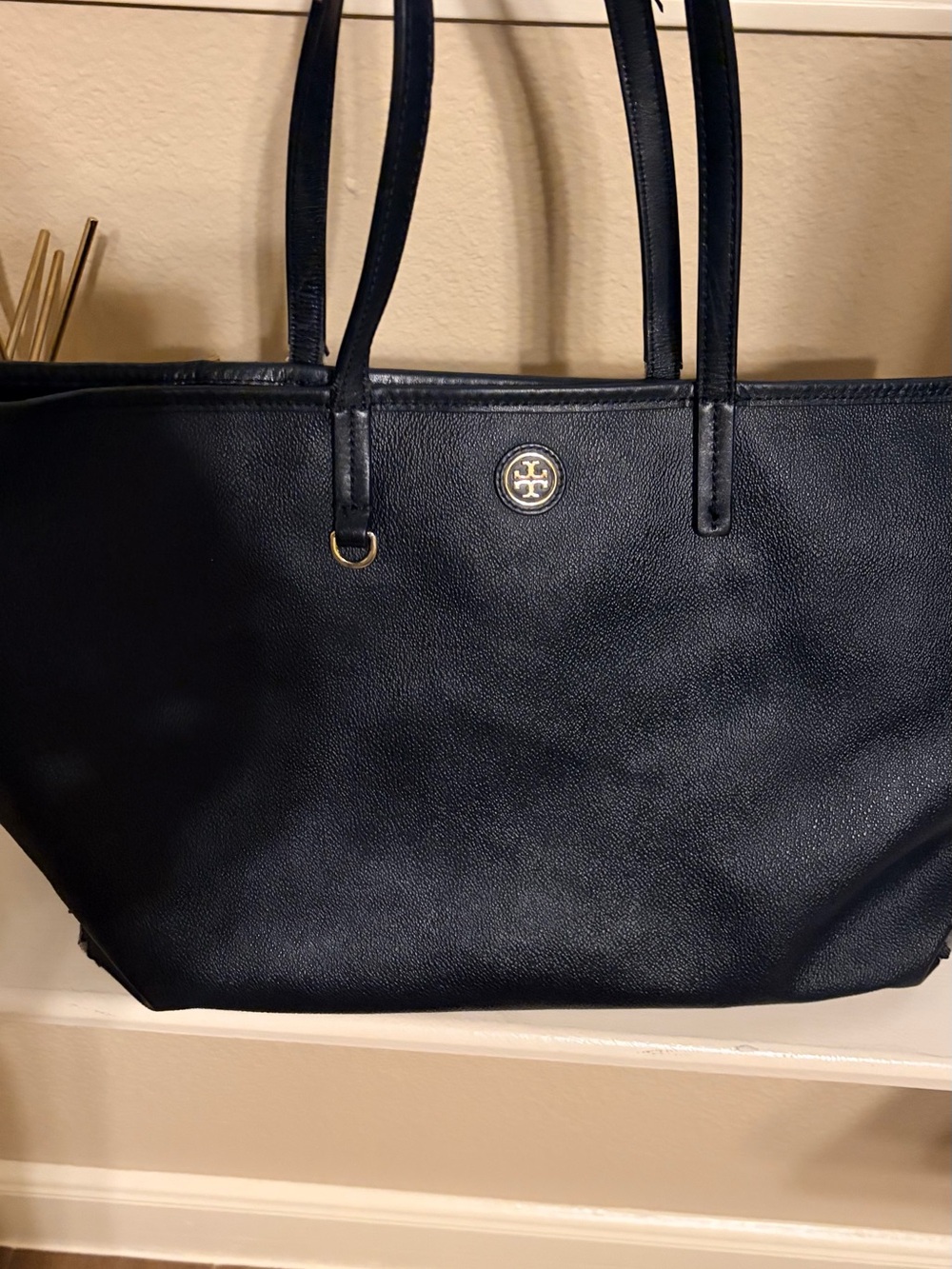 Tory Burch Navy Blue Pebbled Leather Tote with Gold Logo